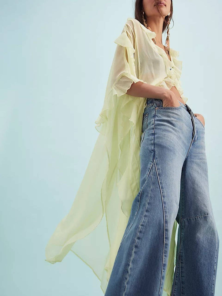 Boho lightweight sheer ruffle maxi top duster kimono jacket: OffWhite / M