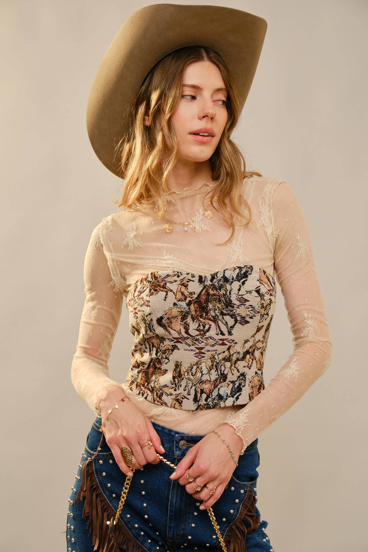 33158T - Horse Jacquard Lace-Up Corset Top: TAUPE MULTI / S-M-L (2-2-2)