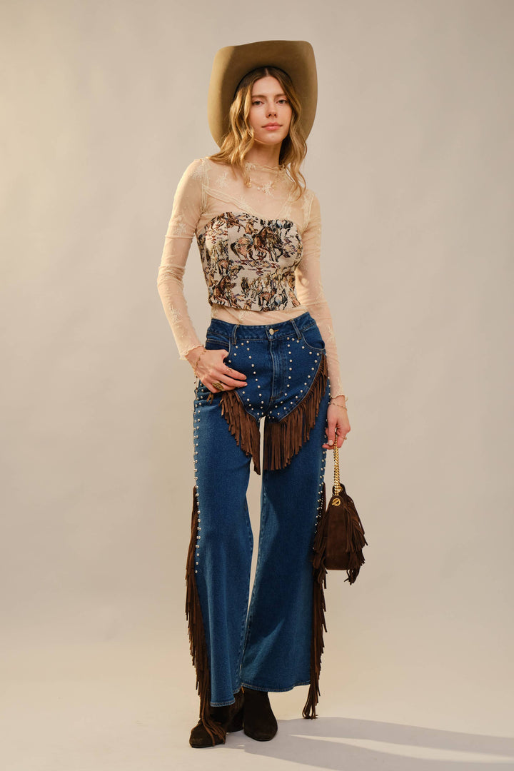 33158T - Horse Jacquard Lace-Up Corset Top: TAUPE MULTI / S-M-L (2-2-2)