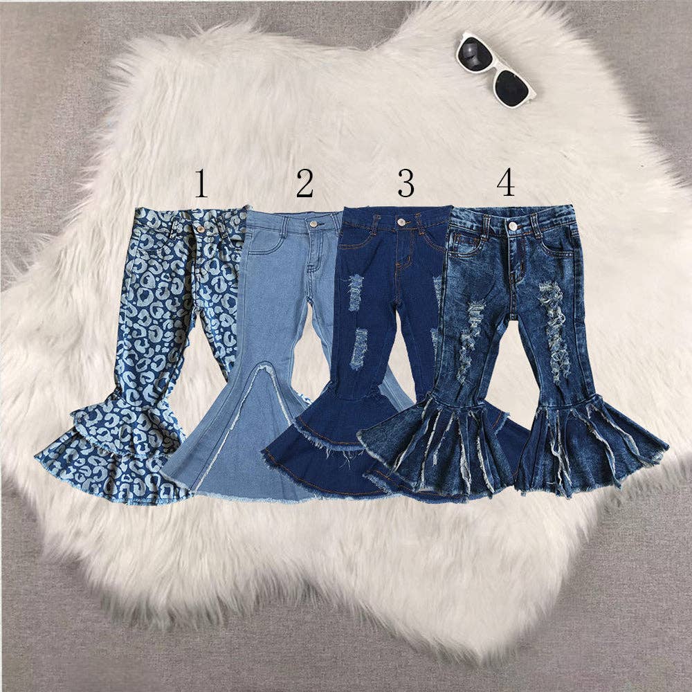 Sibling Baby Girls Blue Leopard Bell Bottoms Denim Jeans