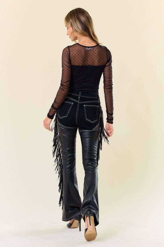 SIP6363A BLACK DENIM CHAPS FRINGED PANTS: S