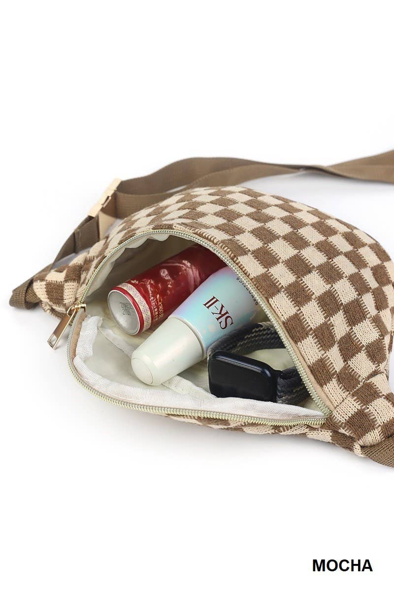 Checkered Waist Crossbody Sling Bag: MOCHA