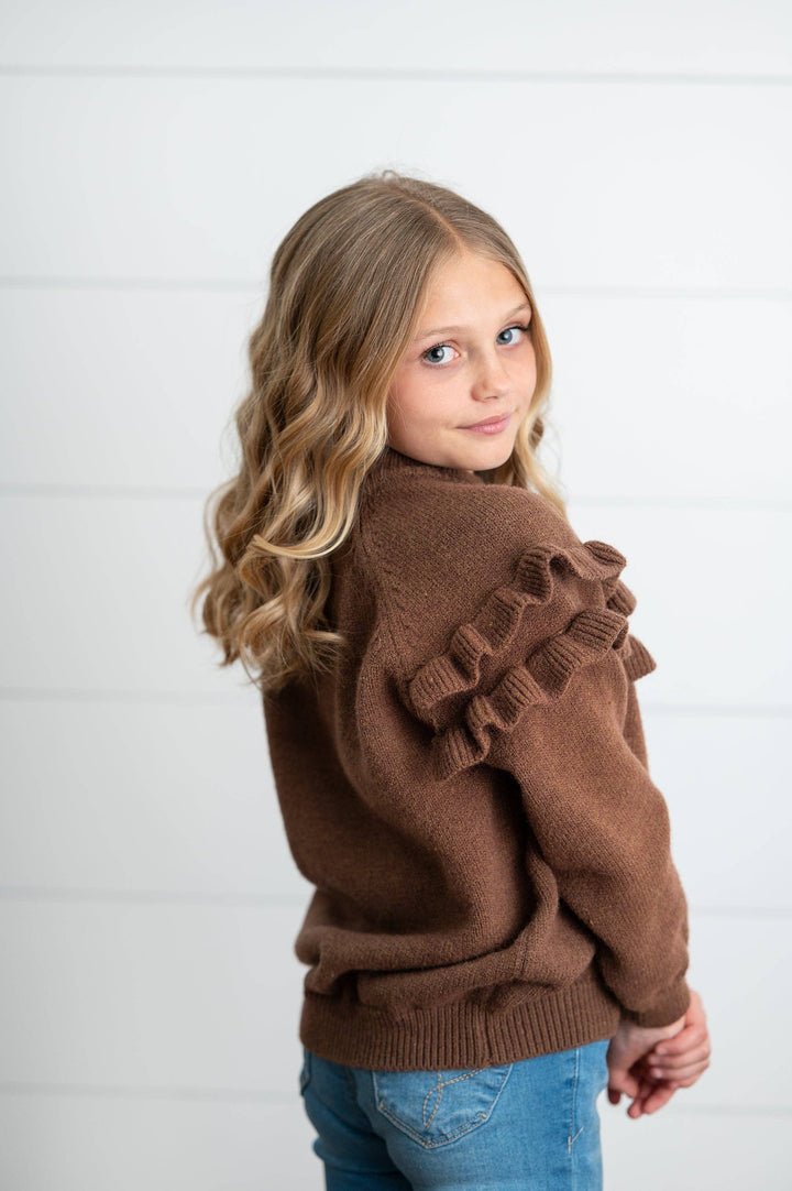 Kids Chocolate Double Ruffle Crew Neck Fall Winter Sweater: 3/4