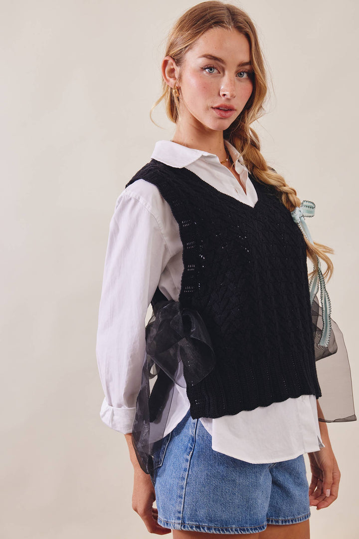 Pointelle Knit Ribbon-Tie Vest Top