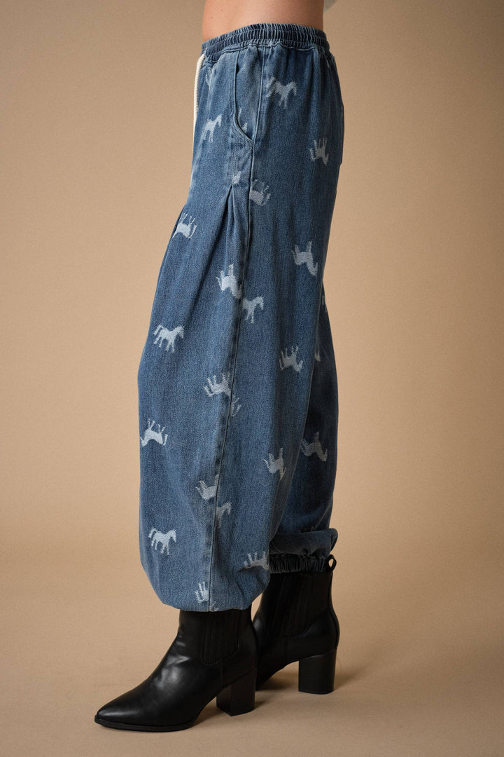Horse Print Denim Jogger Pants