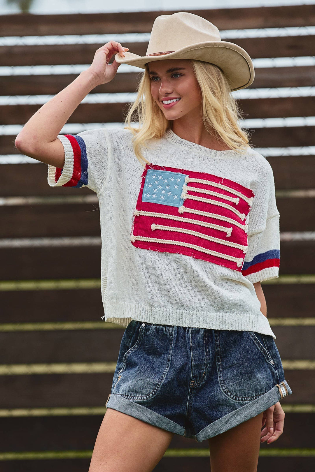 American Flag Applique Knit Sweater with Stripe