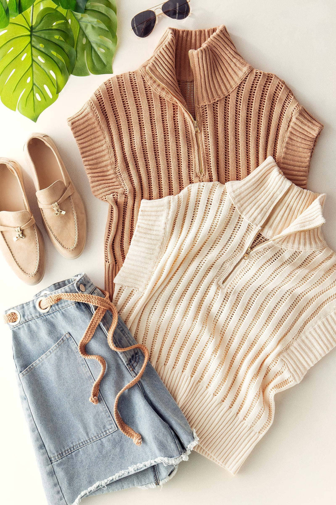 Ribbed Knit Half-Zip Mock Neck Sweater Vest: Mocha / SM-ML:3-3