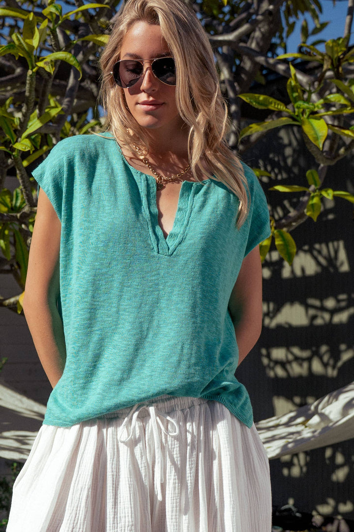 Split Neck Cap Sleeve Cotton Blend Top: Beige / S-M-L:2-2-2