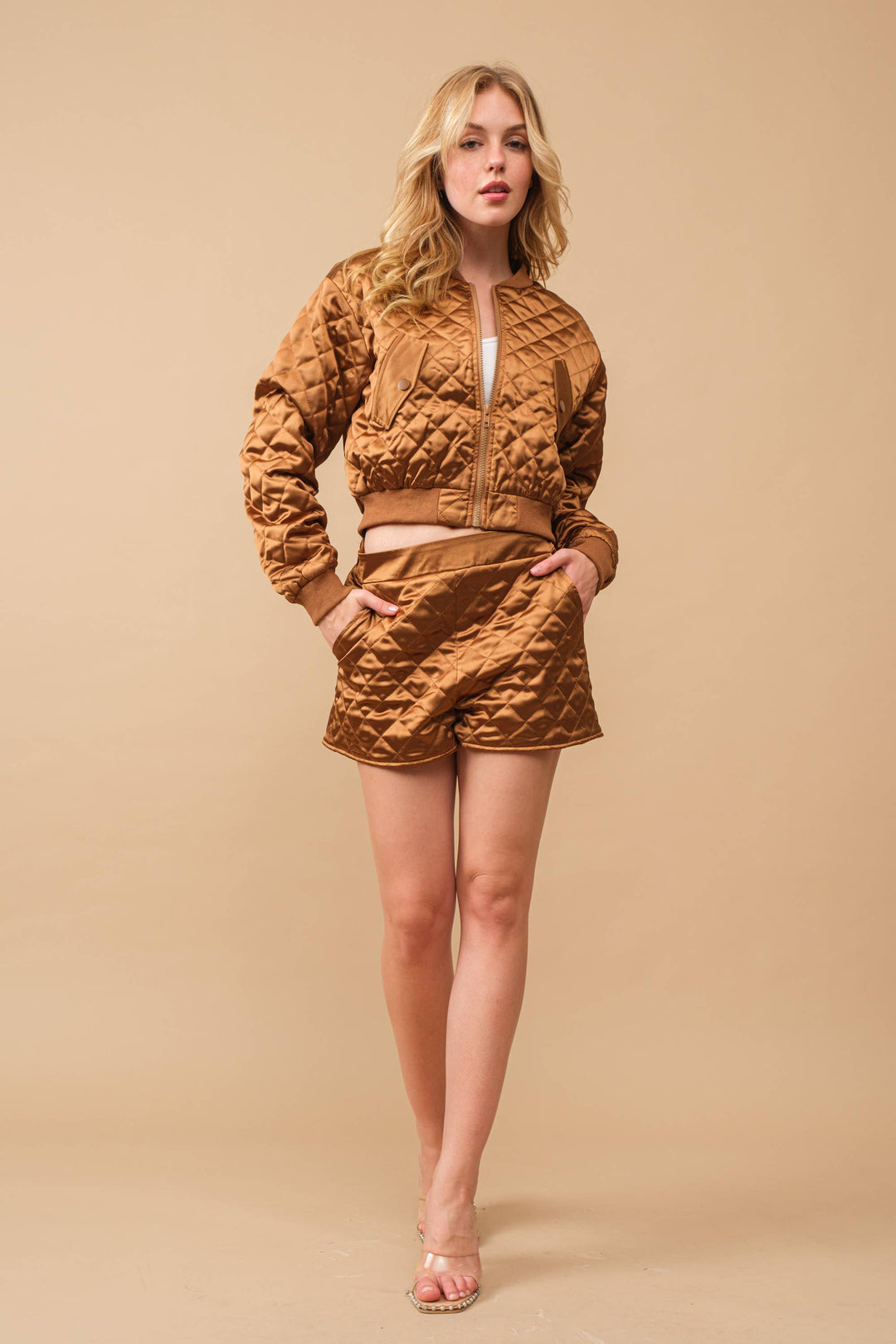 61234SET Quilted Crop Pocket Bomber Jacket w/ Matching Set: BROWN / S