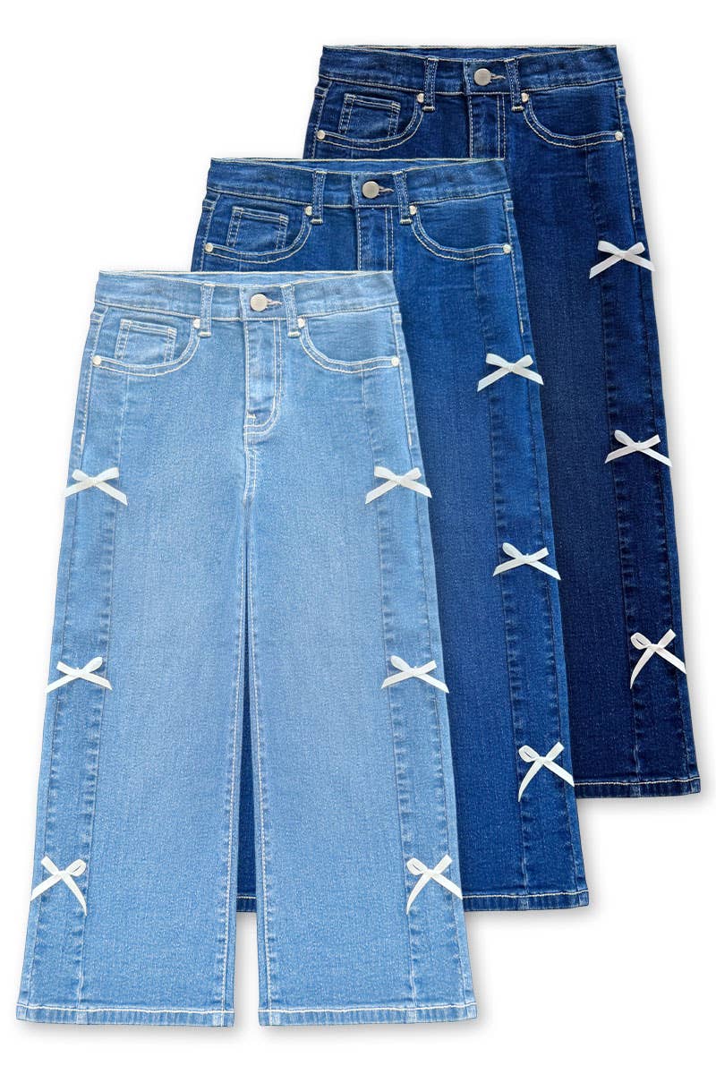 Girl's Wide Leg Denim Jean w/ Bows: Dark Denim / 14