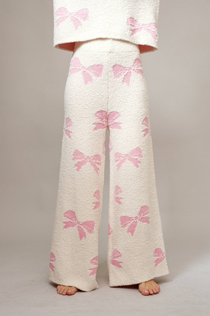 36350SET - Bow Print Cozy Sweater Set: Taupe / M