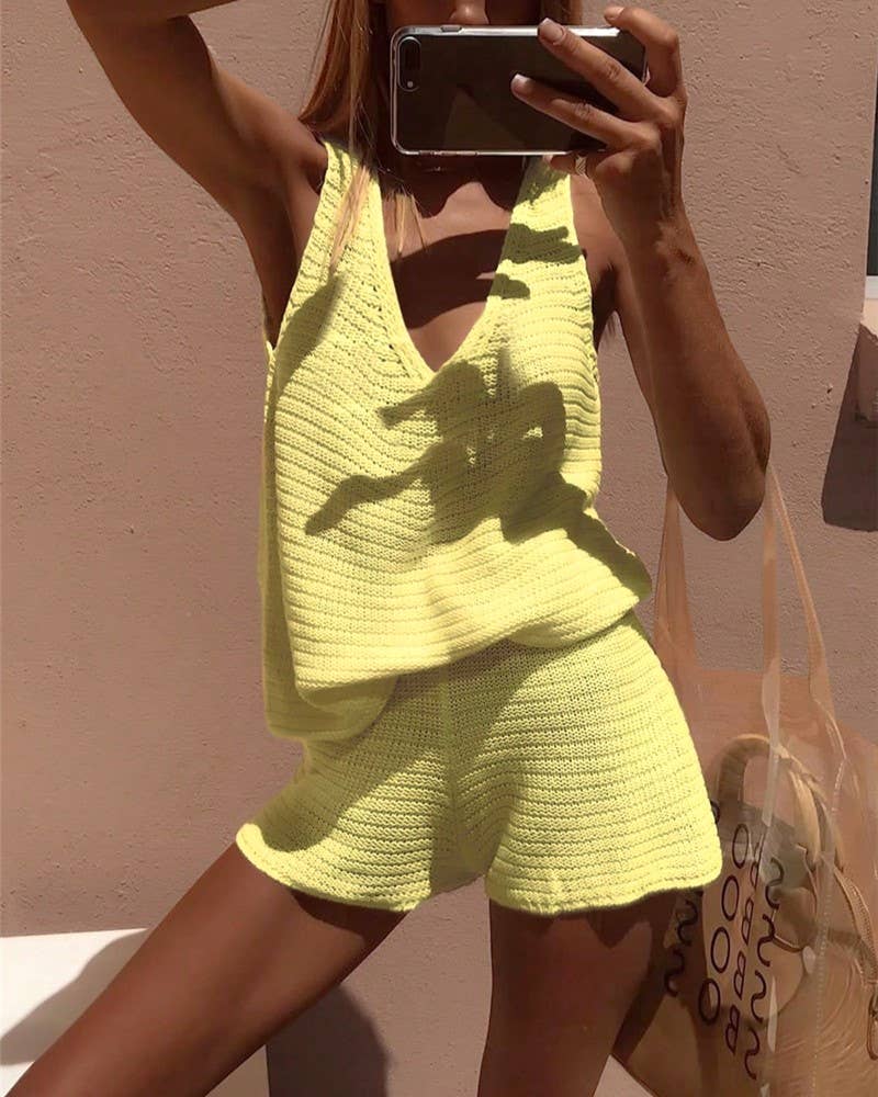 Deep V-Neck Vest Shorts Two-Piece Sweater Set: Black