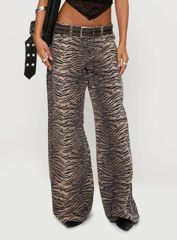 Zebra print loose low-rise straight-leg jeans: LEOPARD / (L) 1