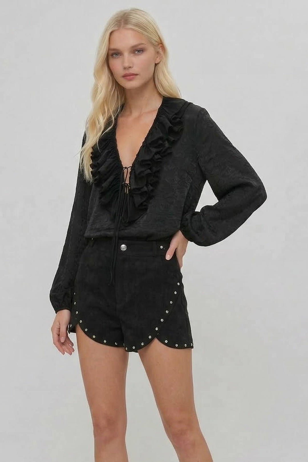 HEAVY WEIGHT STUDDED FAUX SUEDE SHORTS