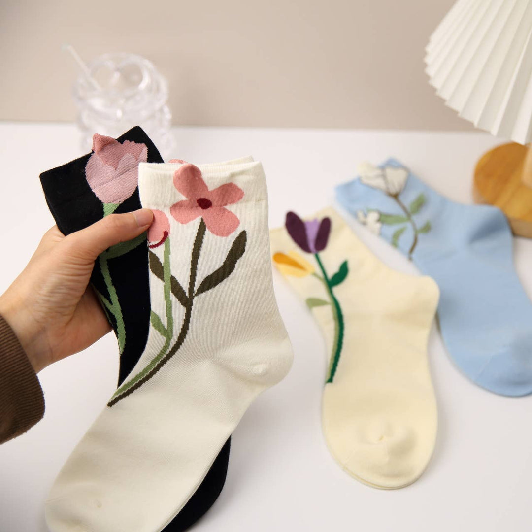 Three-dimensional flower socks with branches and leaves: Yellow