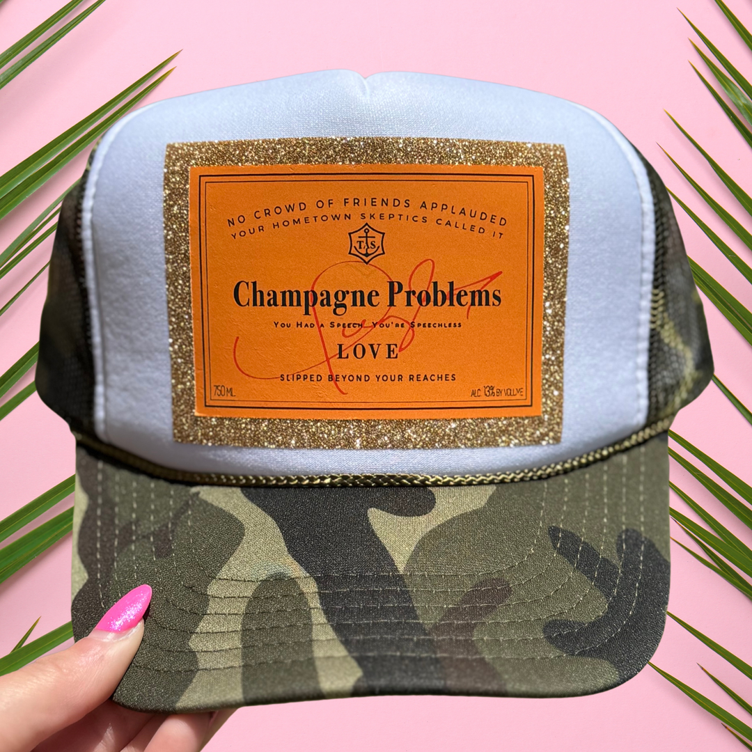 "Champagne Problems" Camo Glitter Trucker Hat : Dark Camo Hat - With Gold Star Patch