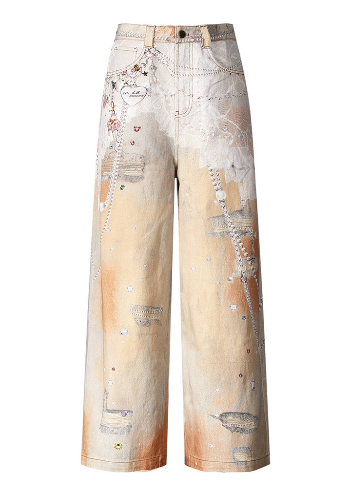 PT28 Retro Chain Print Loose Wide-Leg Dopamine Jeans: Color as pictures / English / S