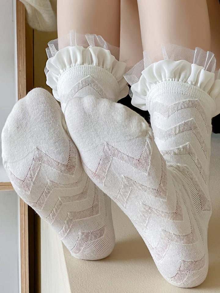 Women's cute lolita style lace socks lace mid-tube socks: Black-B