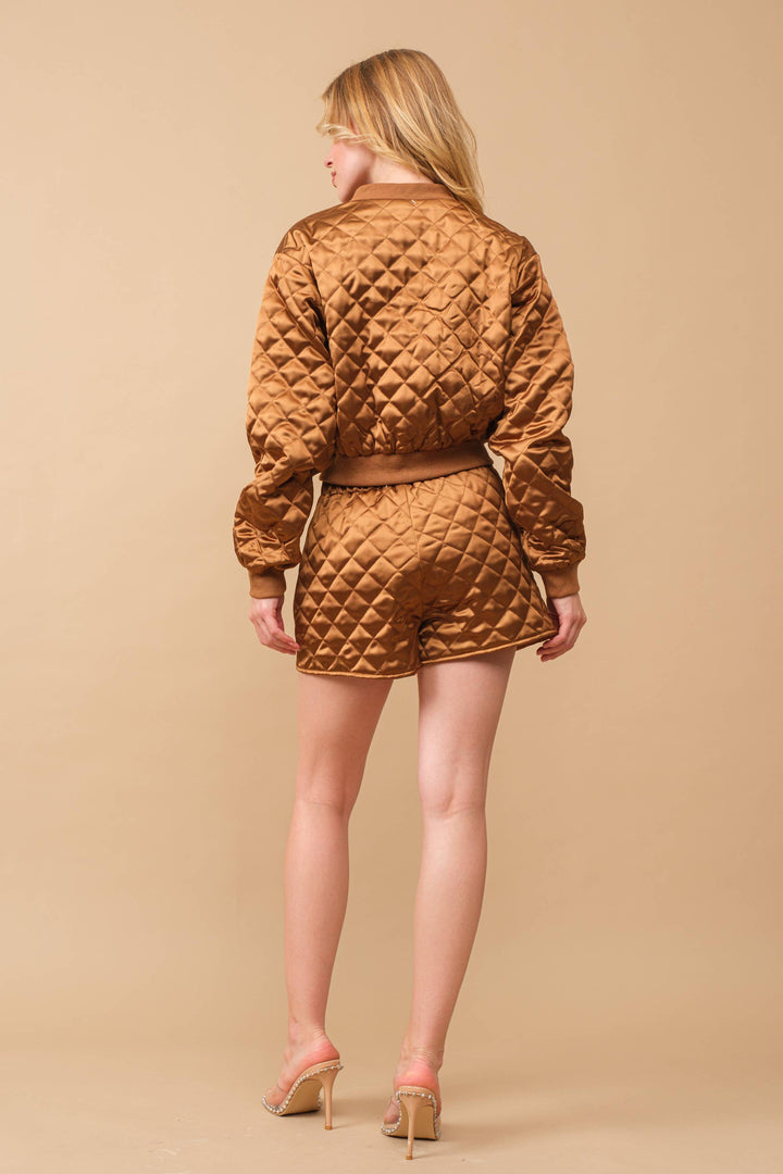 61234SET Quilted Crop Pocket Bomber Jacket w/ Matching Set: BROWN / M