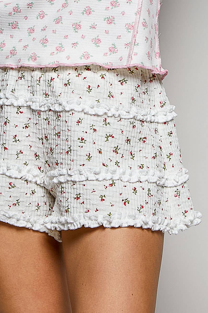 Floral Smocked Ruffle Tiered Shorts: MOCHA