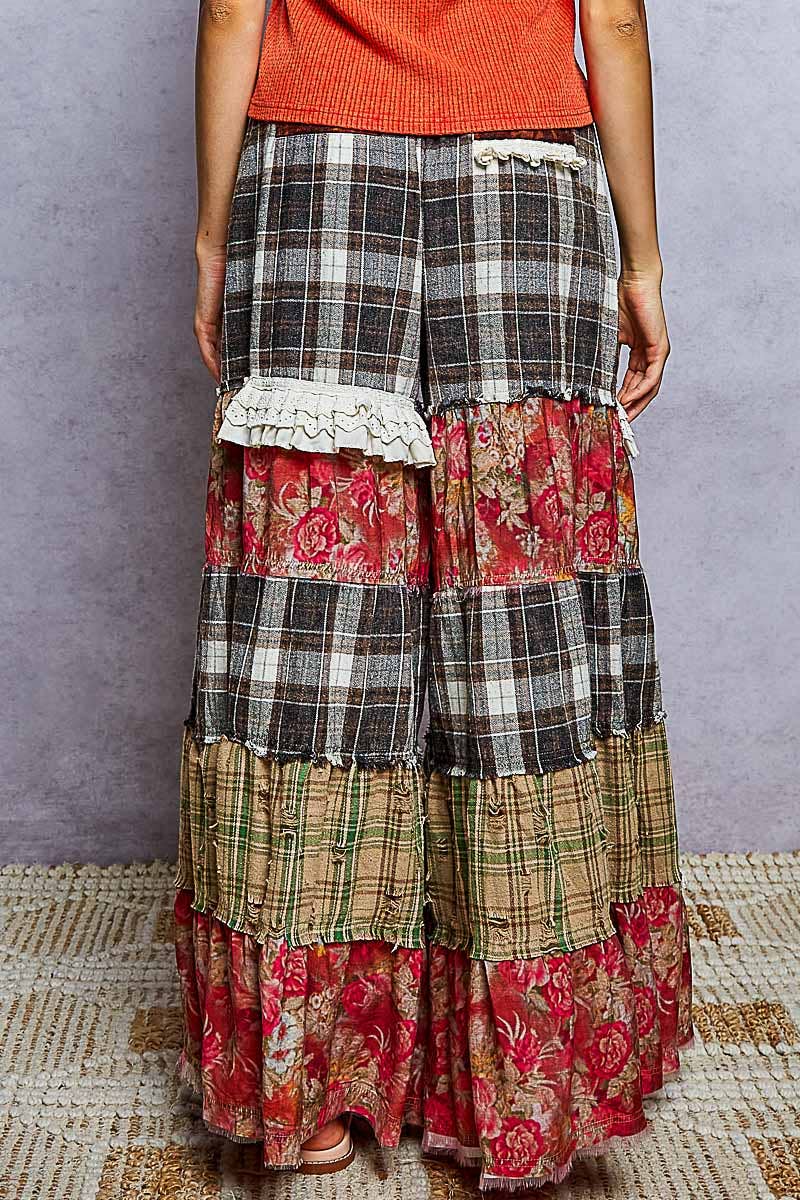 Floral Print Ruffle Trim Patchwork Plaid Wide Leg Pants