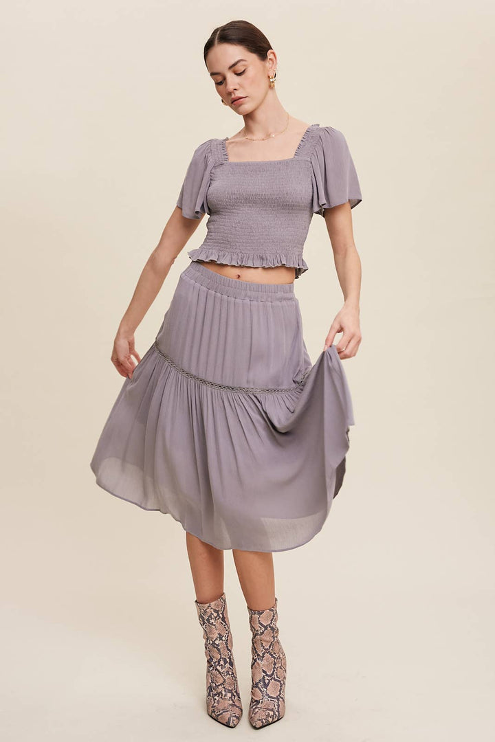 Smocked Crop Top & Tiered Midi Skirt Set: Gray