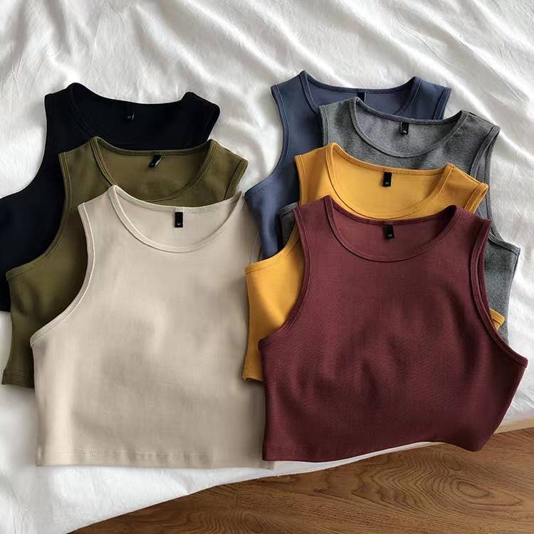 Daily r-neck sleeveless athletic crop tank top: Charcoal