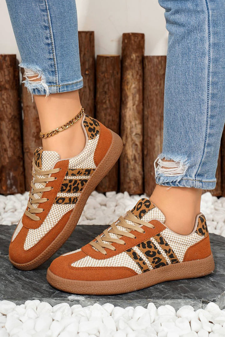 LAS Checkered Leopard Color Block Patchwork Sneakers (37-42): Buckskin / Standard