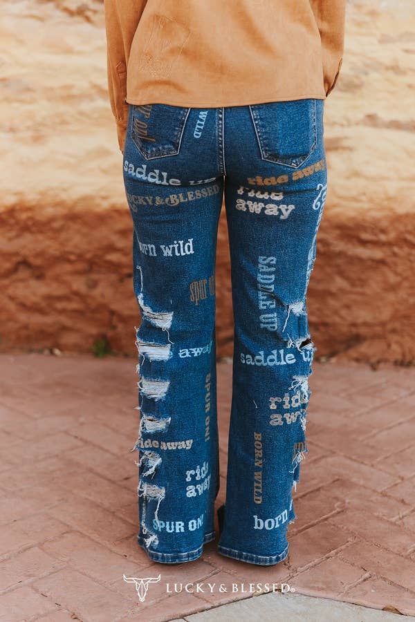 Dark Wash Western Printed High Rise Wide Leg Jeans