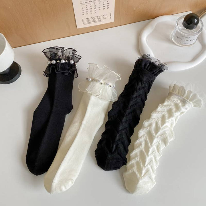 Women's cute lolita style lace socks lace mid-tube socks: Black-A