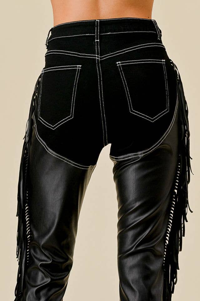 SIP6363A BLACK DENIM CHAPS FRINGED PANTS: L