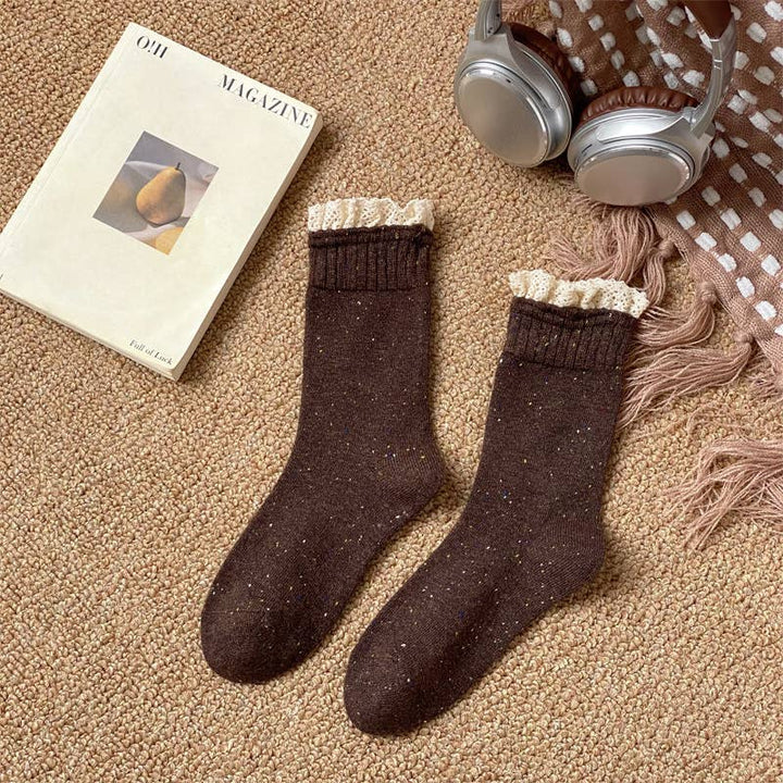 Retro lace dot yarn mid-tube women's socks soft waxy socks: Black