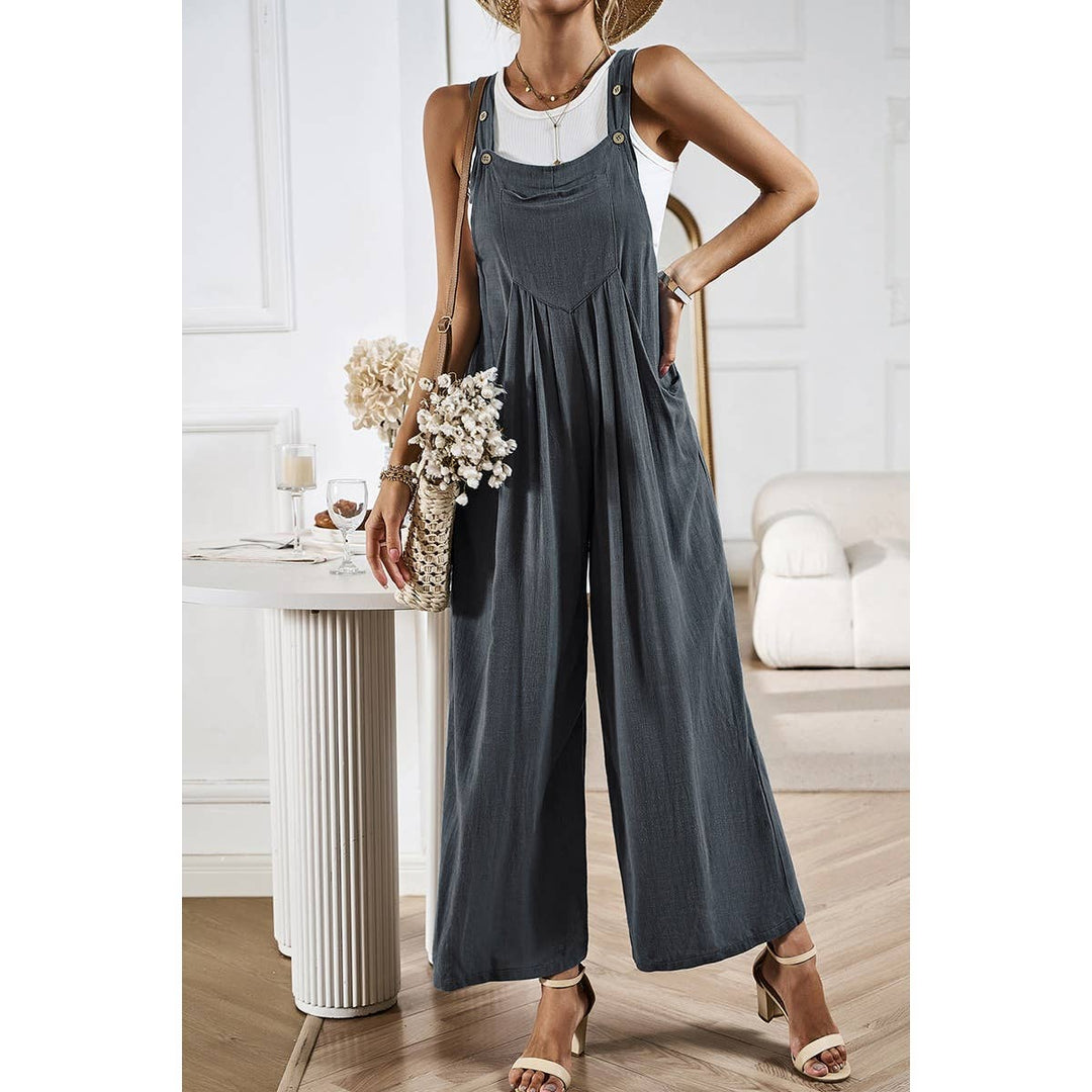 Button Detail Wide Leg Overall Pockets Jumpsuit: BEIGE / M