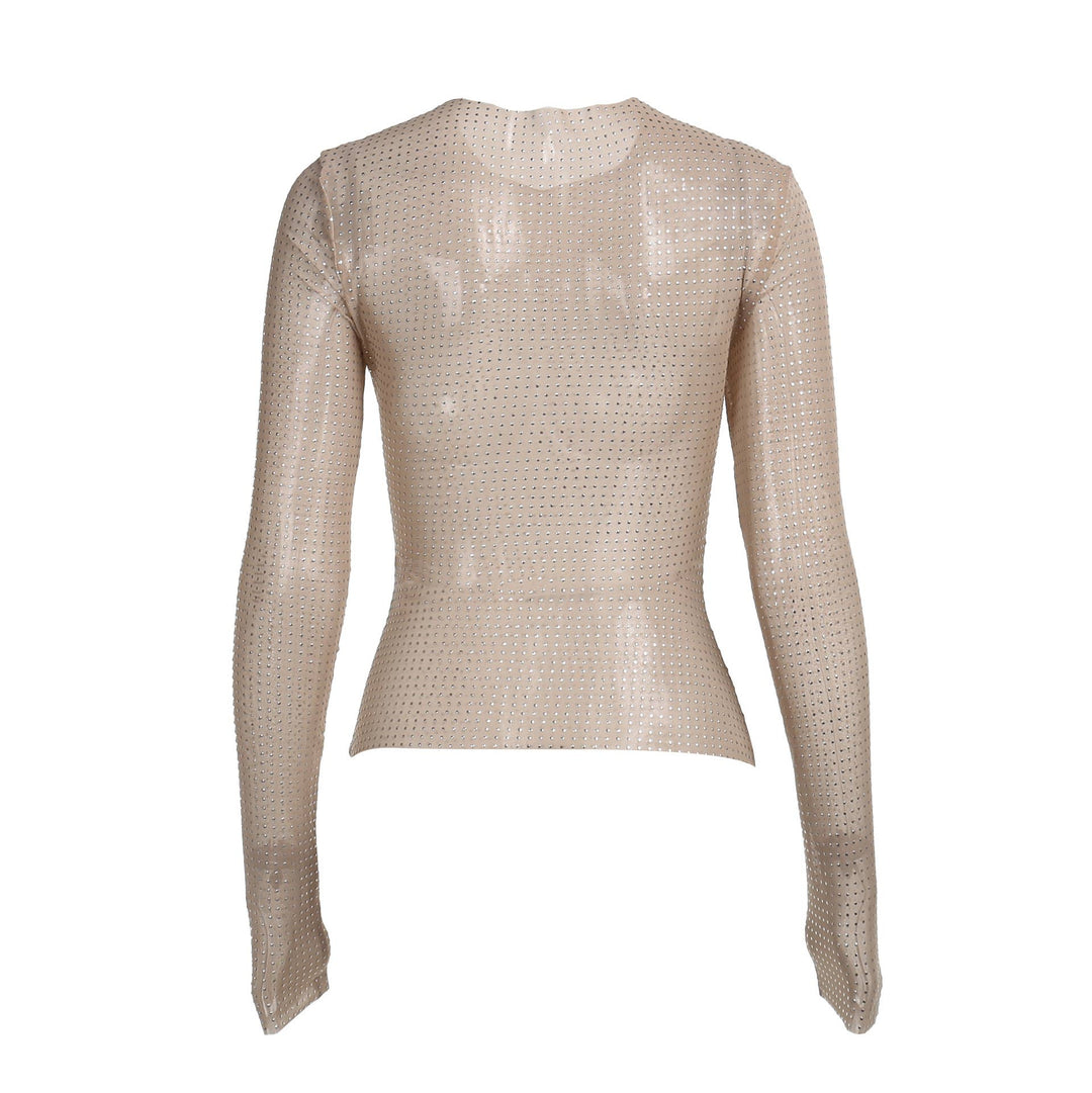 Sexy y2k rhinestone sheer top mesh long-sleeves t-shirt: Flesh / S