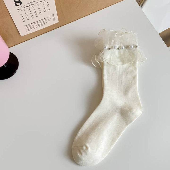 Women's cute lolita style lace socks lace mid-tube socks: White-B