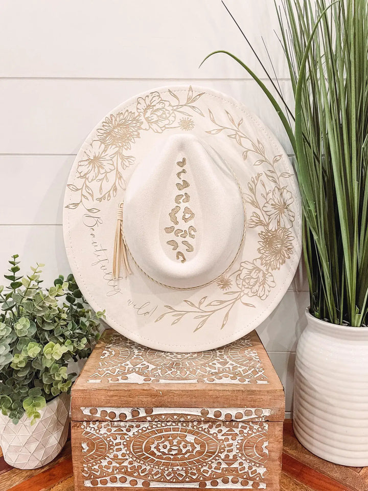 Engraved Floral Hat: Beige