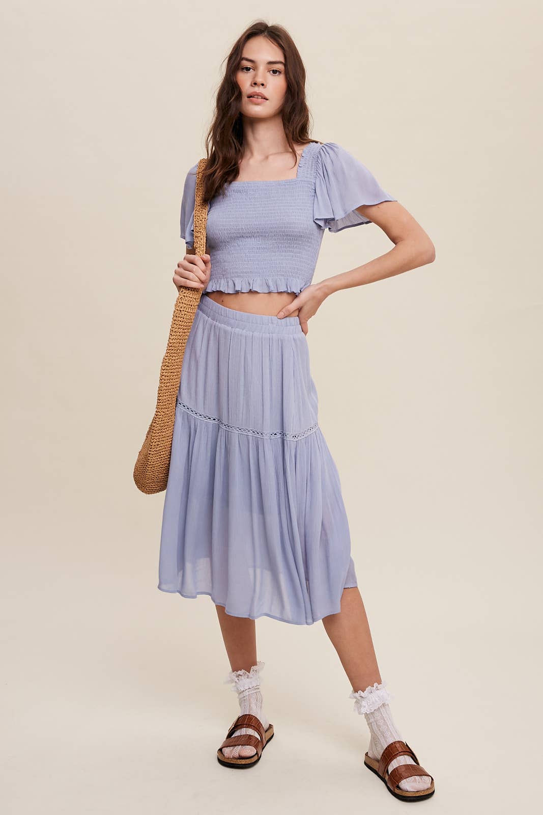 Smocked Crop Top & Tiered Midi Skirt Set: Gray