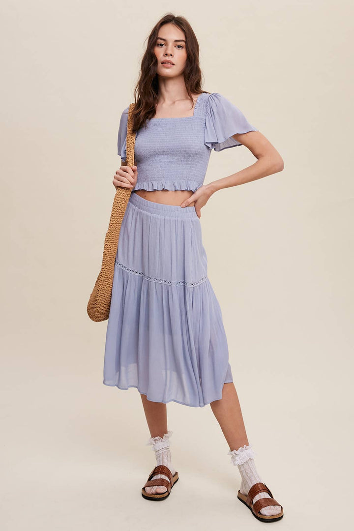 Smocked Crop Top & Tiered Midi Skirt Set: Gray