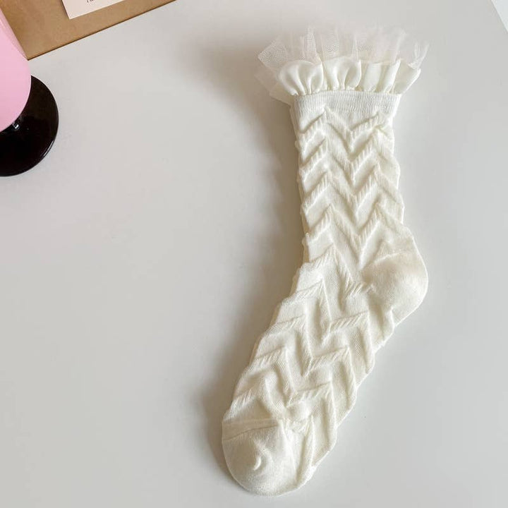 Women's cute lolita style lace socks lace mid-tube socks: White-B