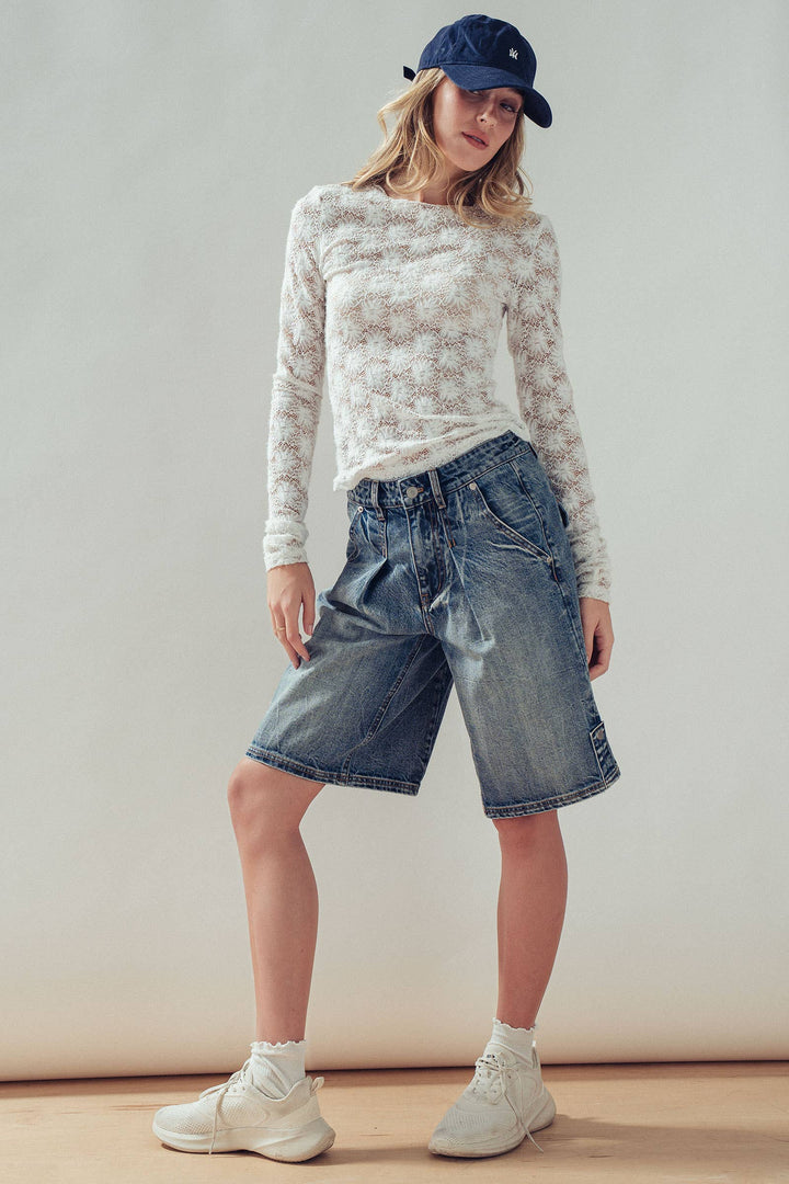 Wide-Leg Utility Denim Bermuda Shorts