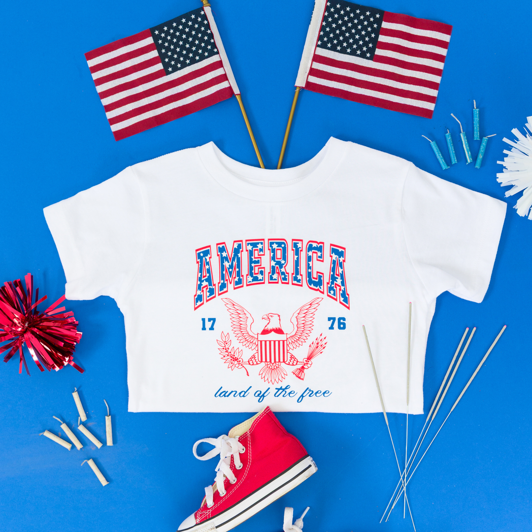 America Land of the Free Boy 4th of July Kids Shirt : WHITE