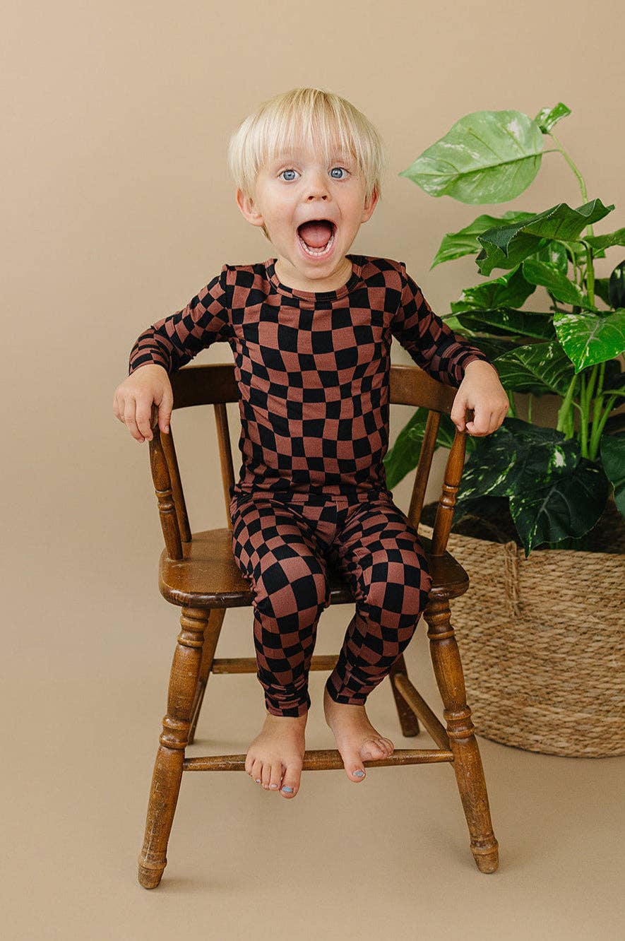 Bamboo Two Piece Set | Chocolate Wavy Checkered: 6-7Y
