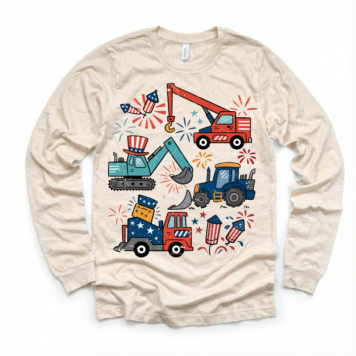 All American Construction Trucks Kids Shirt | 4th of July Boy Tee | Excavator Tractor Fireworks Shirt | Patriotic Toddler Tee: Natural Short Sleeve Tee