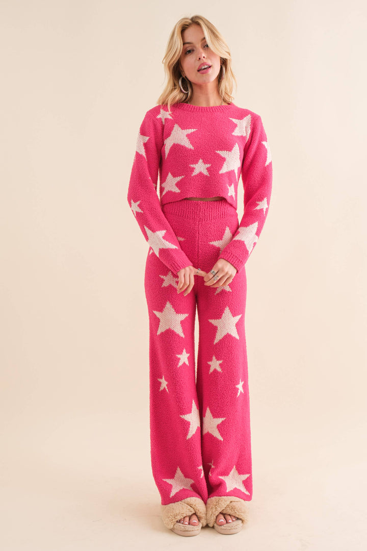 34100SET-1  - Soft Cozy Star Print Sweater with Pants: HOT PINK / S