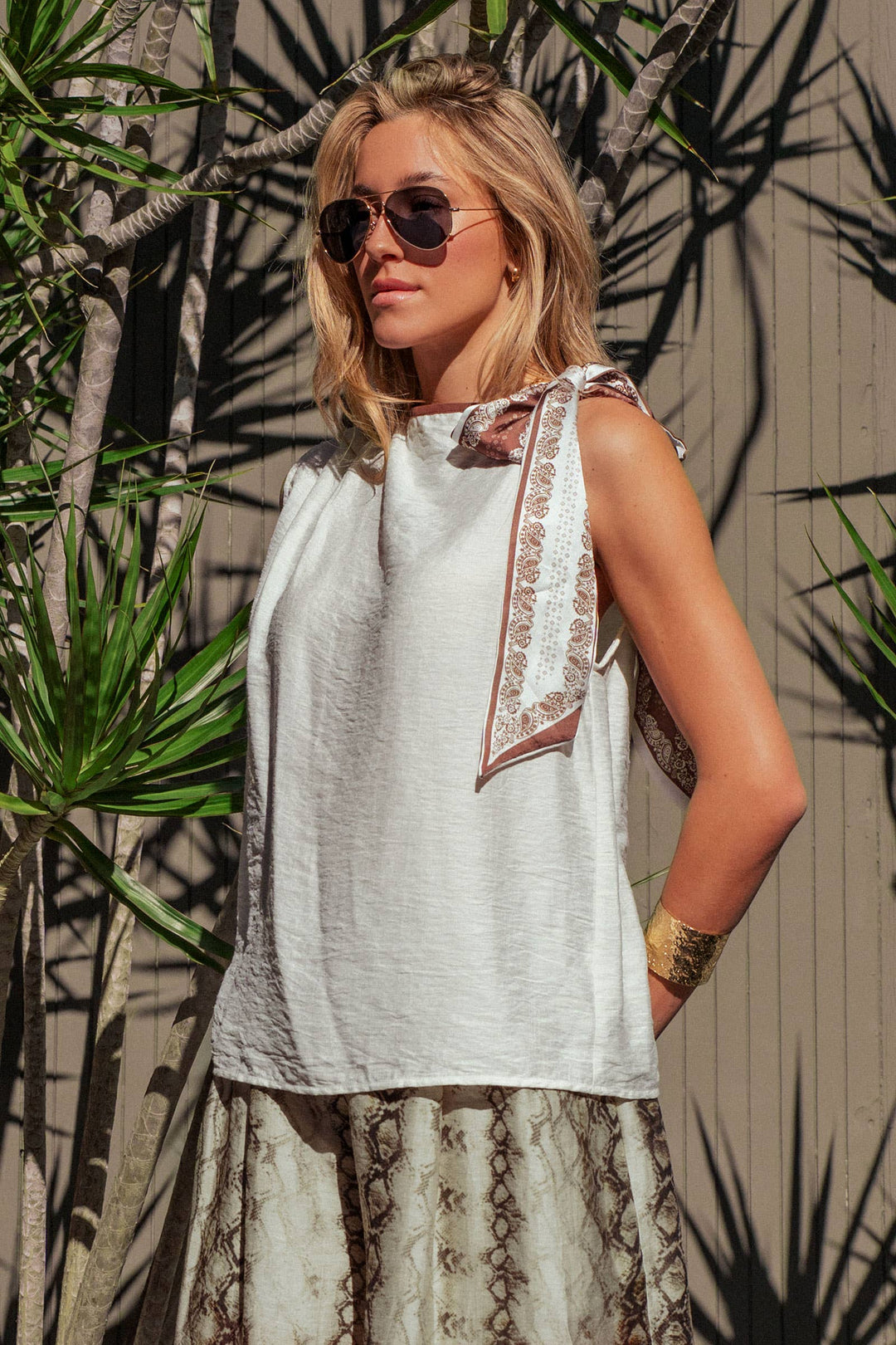 Paisley Scarf Tie Shoulder Linen Blend Top: White / S-M-L:2-2-2
