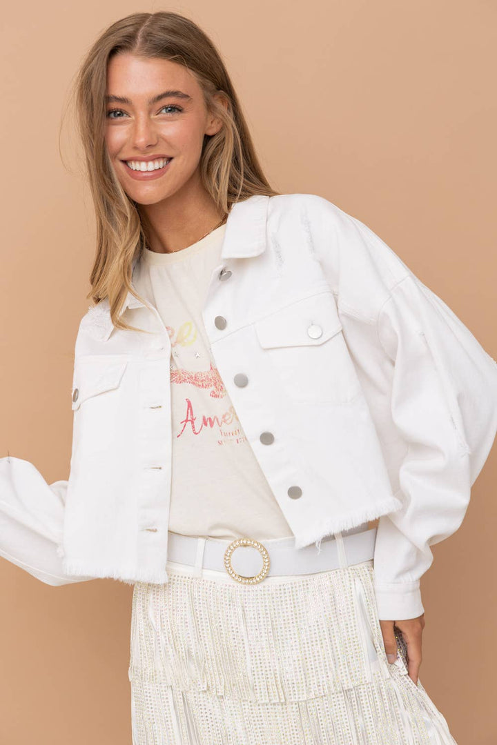 Star Rhinestone Fringe Back Elastic Denim Jacket
