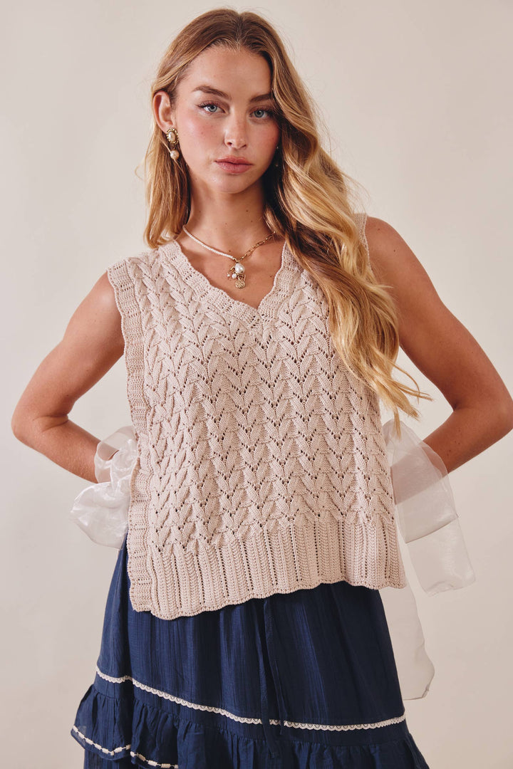 Pointelle Knit Ribbon-Tie Vest Top