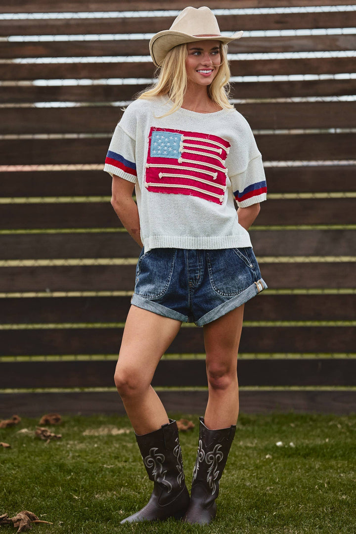 American Flag Applique Knit Sweater with Stripe