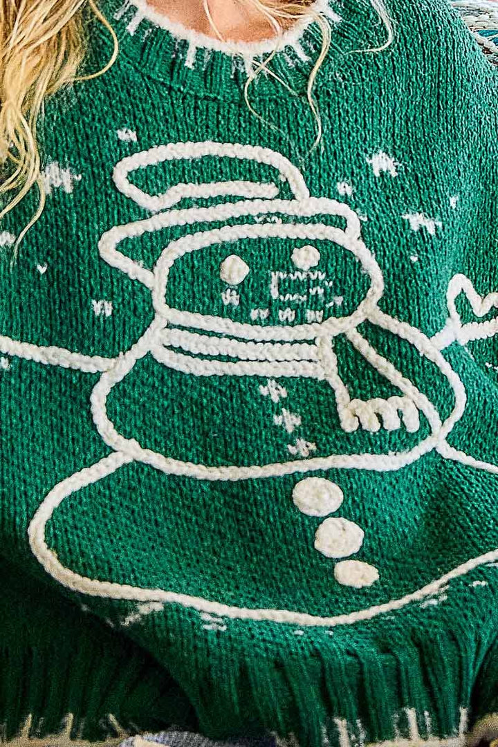 Chenille Snowman Embroidered Plaid Sleeve Sweater Top