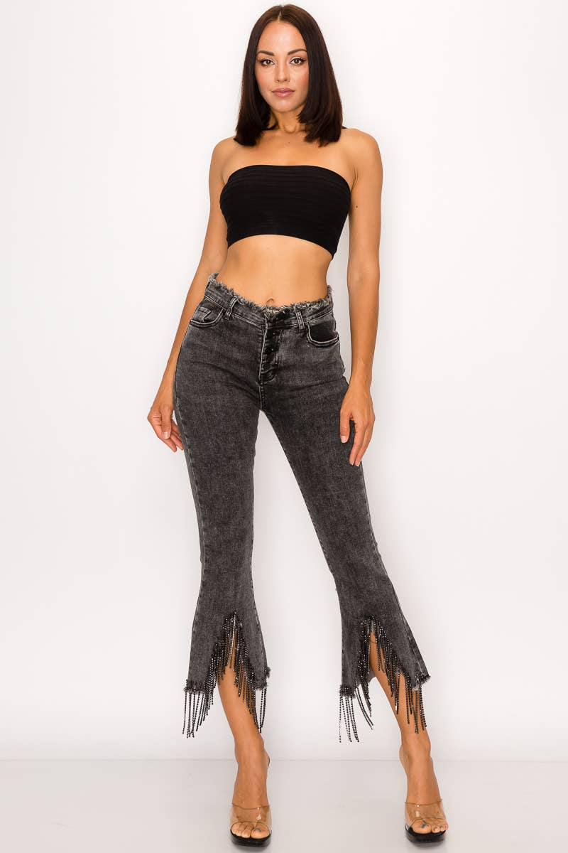 1365P - RHINESTONE FRINGE DENIM PANTS: BLACK / LARGE